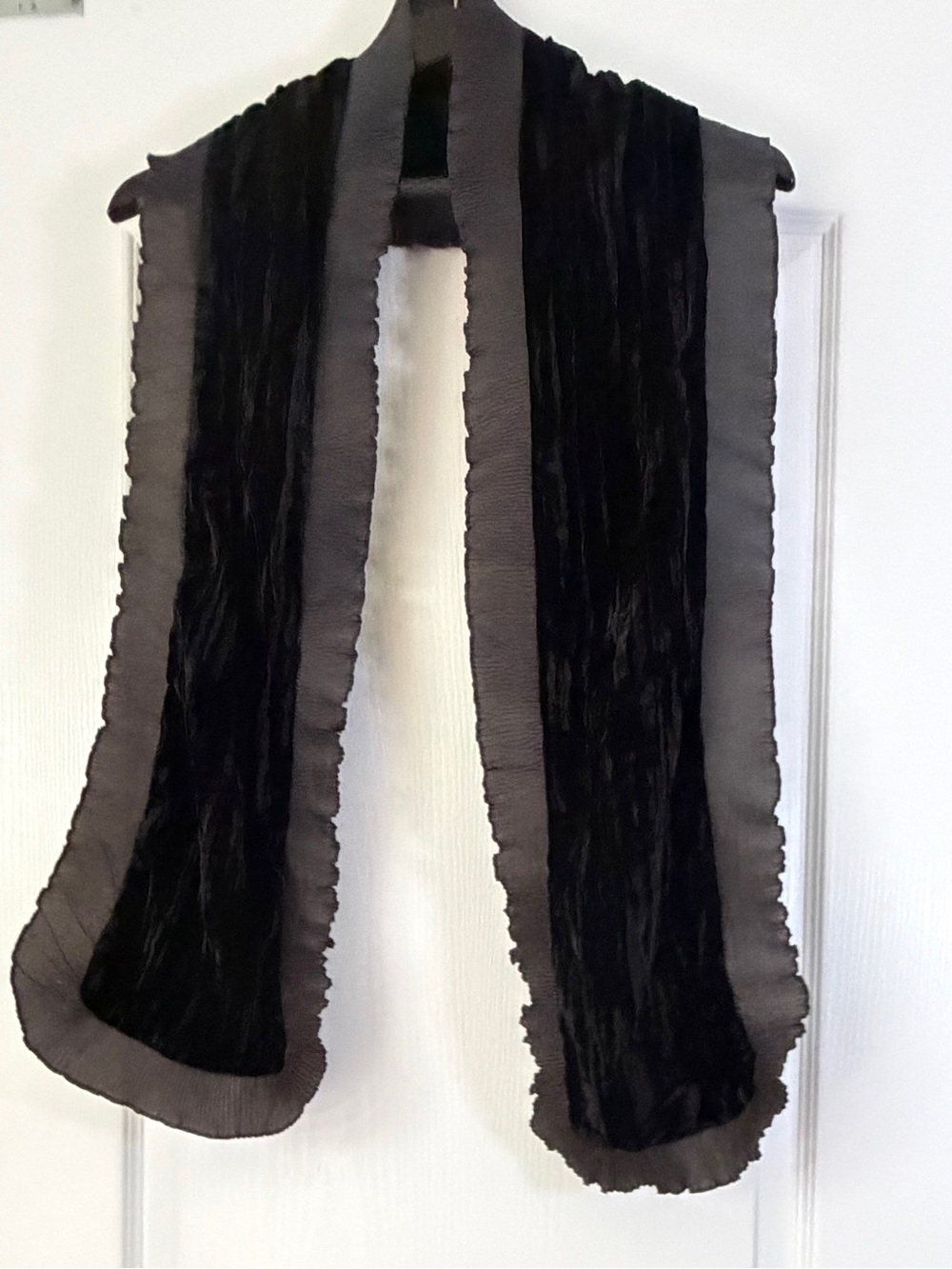 100% Silk Black Statement Scarf Velvet Texture Pleated Ruffle Trim Gothic Boho